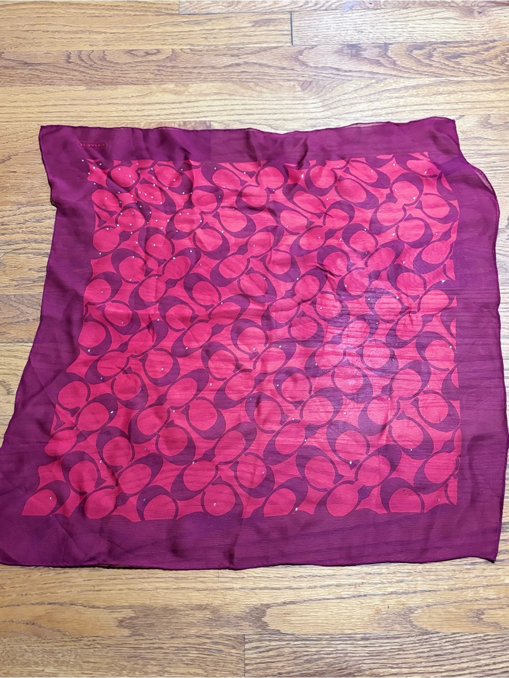 Coach Signature Monogram Sheer Square Scarf Pink Magenta Rhinestone Embellished